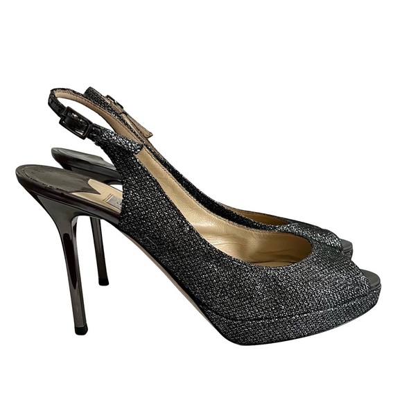 Jimmy Choo Nova Glitter Open Toe Sling Back Heels Silver Size 36.5 - Picture 2 of 12
